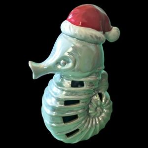 VTG Pearl Green Blue Santa Seahorse Iridescent Glaze Christmas Nautical Decor